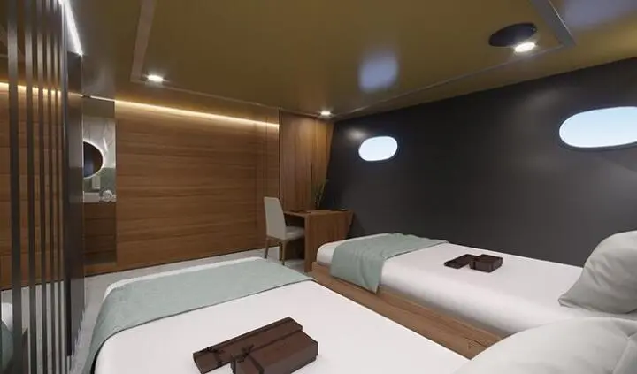 Twin cabin interior with wood paneling, two beds, and pillows