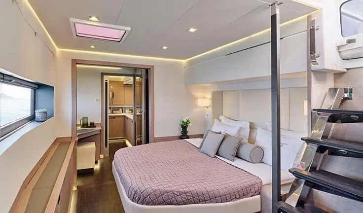 Christal Mio master cabin with king bed, ensuite, soft lighting, built-in wardrobe