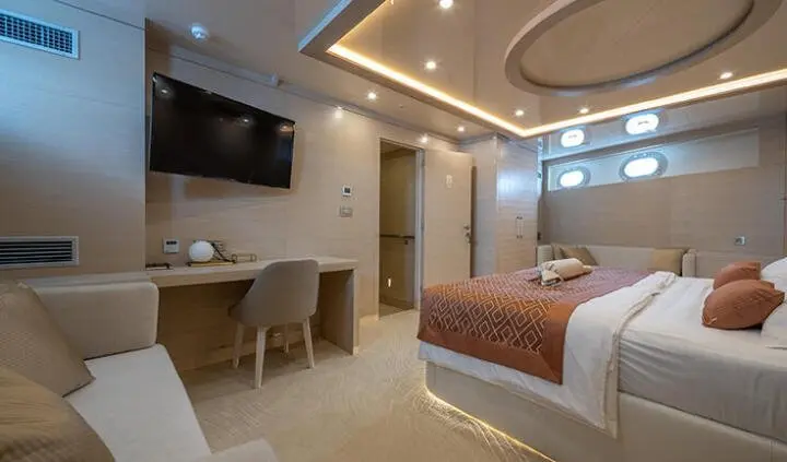 Love Story yacht master cabin with king bed and ensuite seen in image