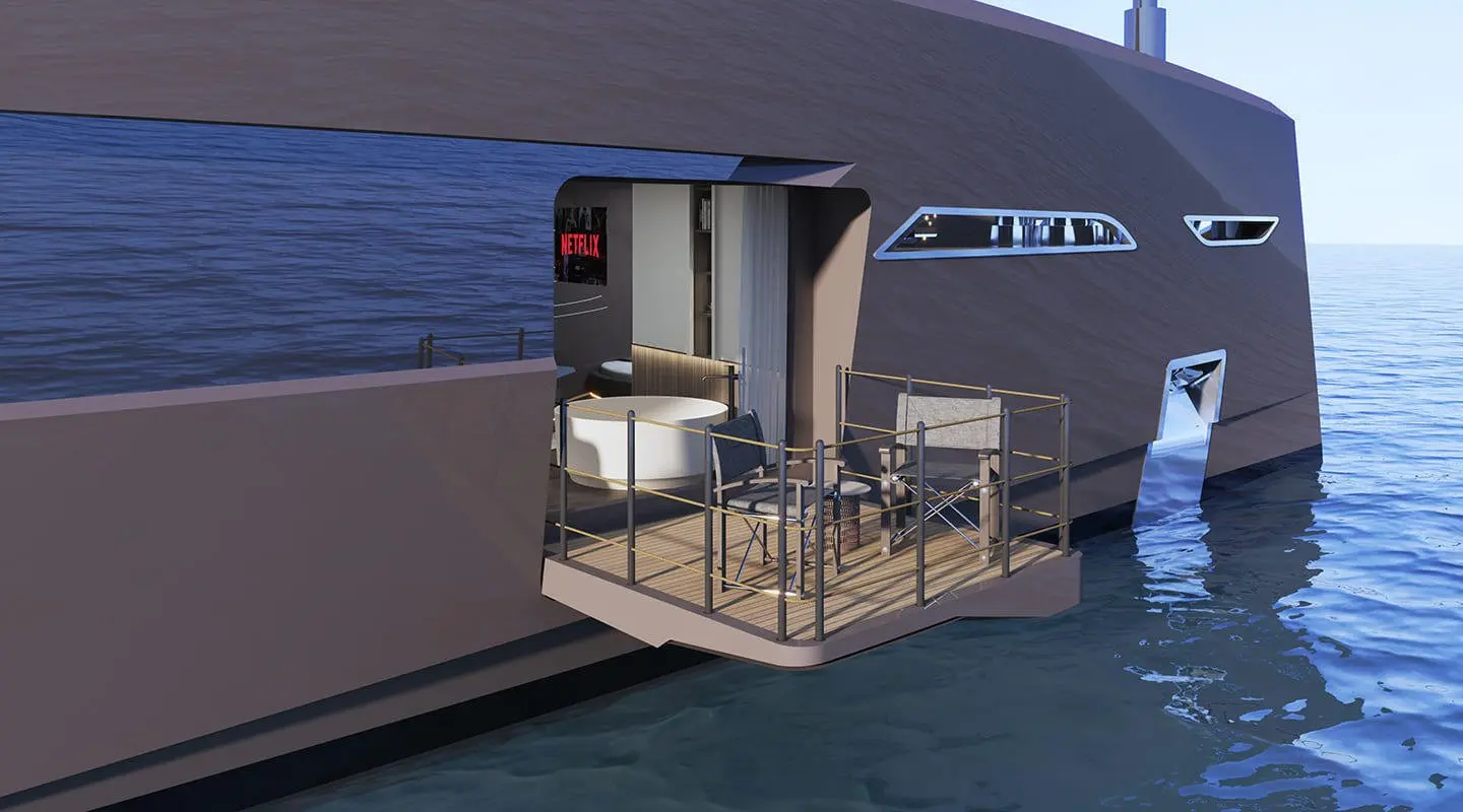 Deck terrace of Bello luxury yacht with seating and open doors on water