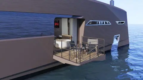 Deck terrace of Bello luxury yacht with seating and open doors on water