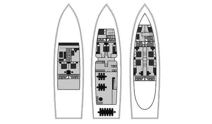 Luna yacht cabin layout: interior of three parallel deck layouts visible