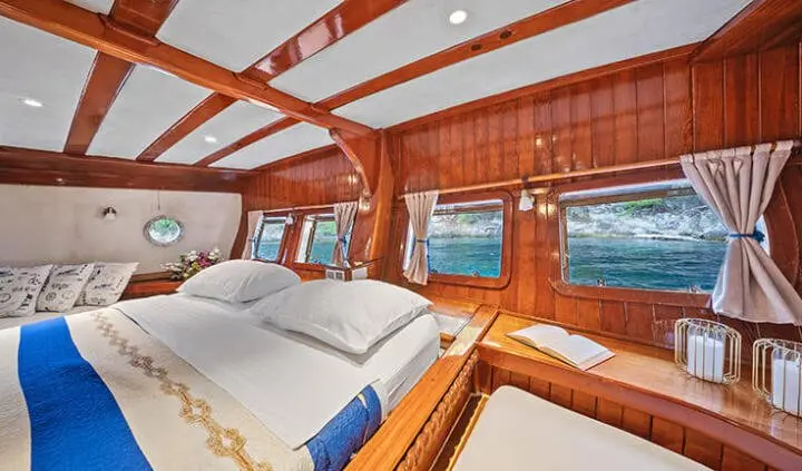 Eleganza master cabin with king bed, ensuite, wood paneling, and large windows