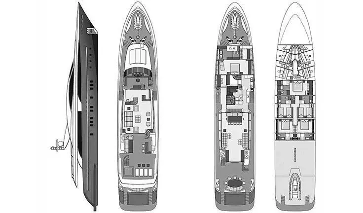 Sea Wolf yacht cabin with king bed and ensuite layout visible from overhead