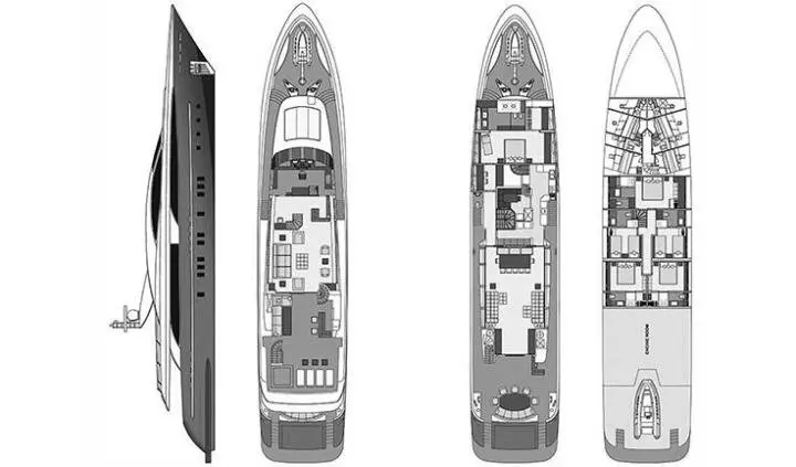Sea Wolf yacht cabin with king bed and ensuite layout visible from overhead