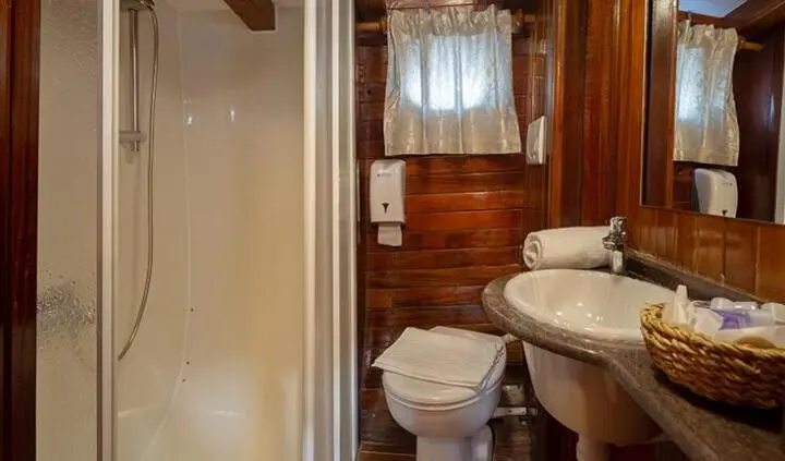 Small cabin bathroom with toilet, sink, and wooden details on Andi Star