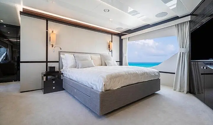 Master cabin with king bed, ensuite, sea view through large window