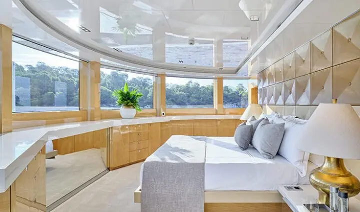 La Pellegrina 1 master cabin with king bed and ensuite visible on yacht deck
