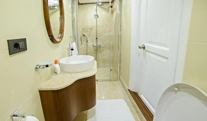 Master cabin with king bed, ensuite, wood vanity and circular mirror