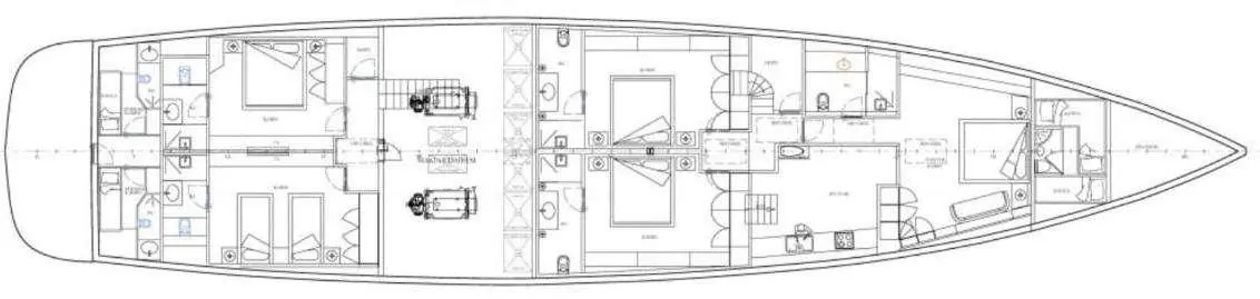 Top-down deck plan of Long Island yacht showing seating, stairs, and helm areas