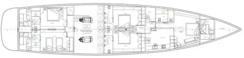 Top-down deck plan of Long Island yacht showing seating, stairs, and helm areas