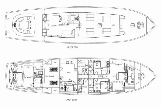 Deck plan of the Silver Moon yacht showing upper and lower decks