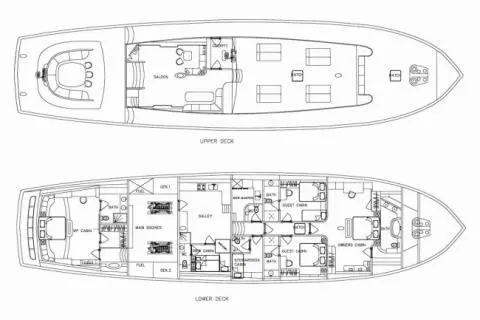 Deck plan of the Silver Moon yacht showing upper and lower decks