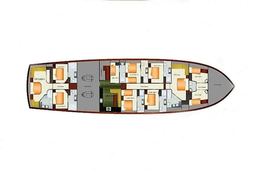 Deck plan of Queen Of Salmakis yacht showing cabins and layout