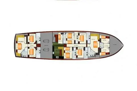 Deck plan of Queen Of Salmakis yacht showing cabins and layout