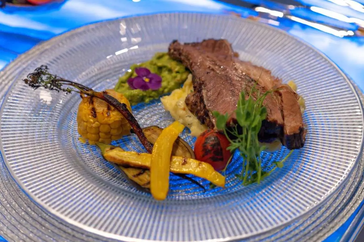 Double Eagle yacht meal: plated steak with fries and vegetables on a striped plate