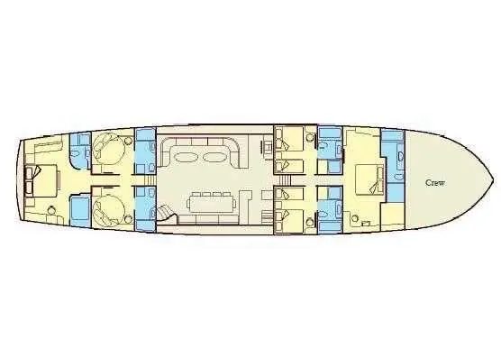 Dolce Mare yacht deck plan: top view shows layout with cabins and walkways