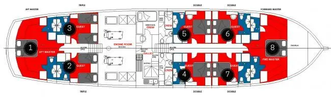 Deck plan of yacht Kaptan Mehmet Bugra showing numbered rooms and layout