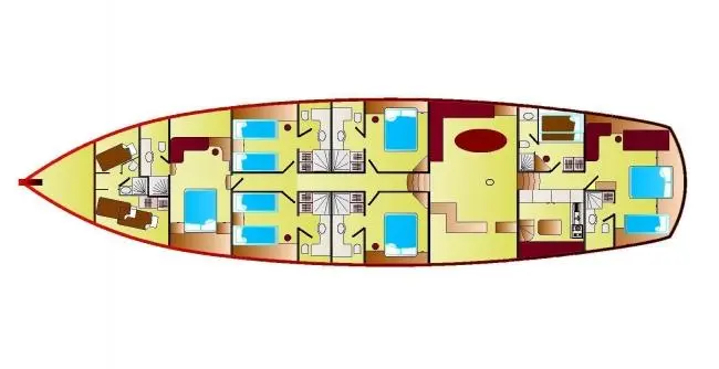 Top-down deck plan of Zephyria II showing seating, cabins, and layout areas