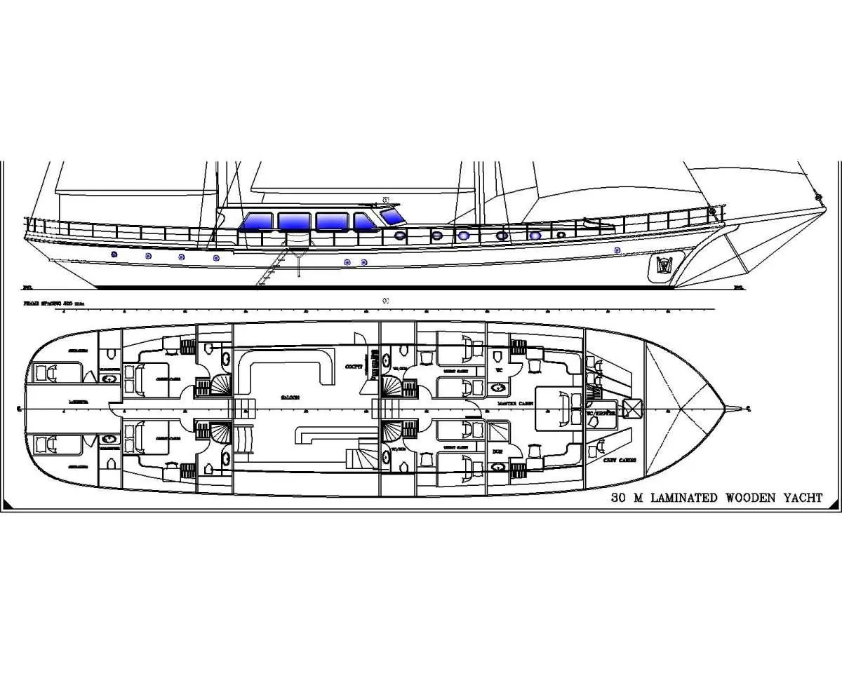 Aerial view of Estrella De Mar yacht deck plan and upper deck layout