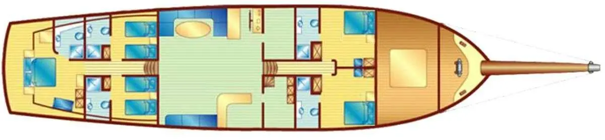 Deckplan of Lady Christa yacht showing cabins, stairs, and deck layout labeled