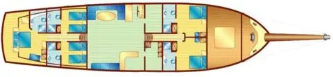 Deckplan of Lady Christa yacht showing cabins, stairs, and deck layout labeled