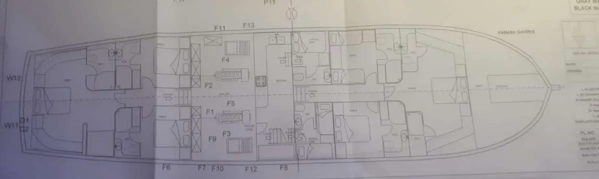 Vista Mare yacht on deck with outdoor areas and a deck plan visible