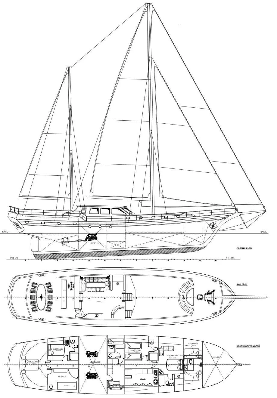 Top and side view: Arabella yacht deck plan with sails and layout