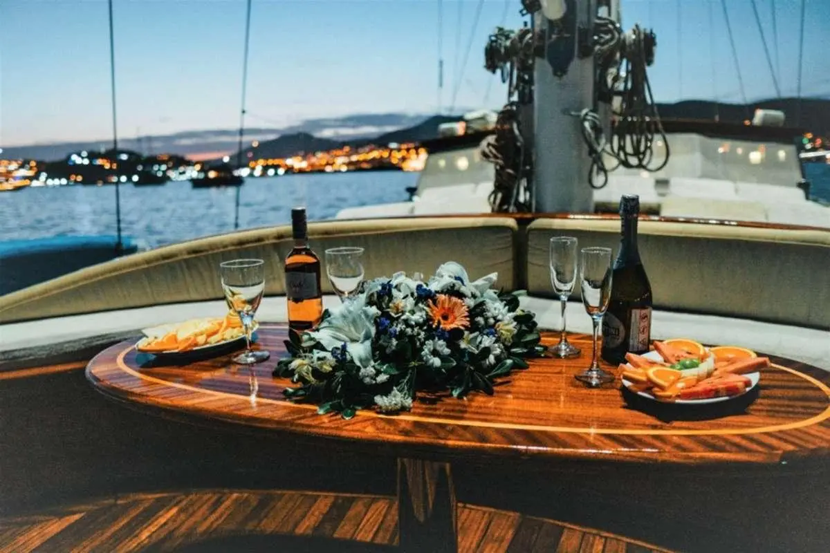 View from Wicked Felina yacht deck showing flowers and coastal marina