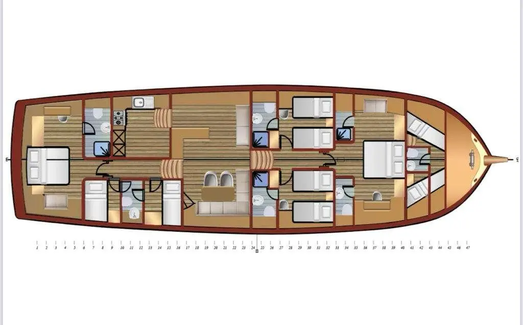 Top-down deck plan of Gozdem The One showing cabins and layout