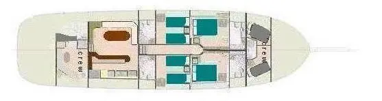 Top-down deck plan of Samarkand yacht showing multiple turquoise-topped lounges and seating areas