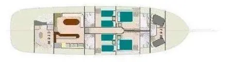 Top-down deck plan of Samarkand yacht showing multiple turquoise-topped lounges and seating areas