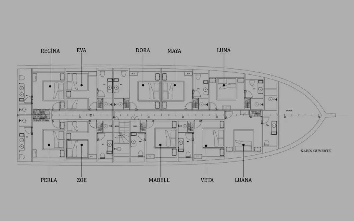 Deck plan view of King Of The Sea yacht showing labeled cabins and layout