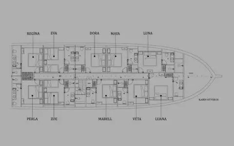 Deck plan view of King Of The Sea yacht showing labeled cabins and layout