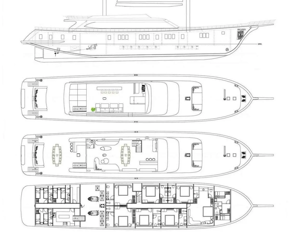 Deck plan of De Love yacht showing upper, main, and lower decks with layout details