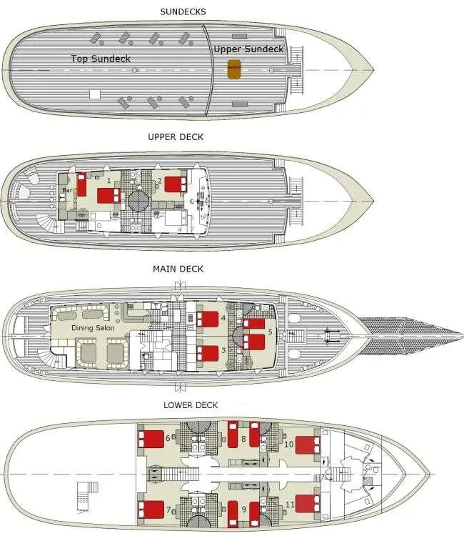 Cesarica yacht deck layout with main deck interior and dining area visible