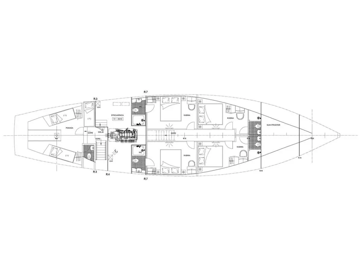 Top-down deck plan of Alessandro I showing layout and cabins on deck