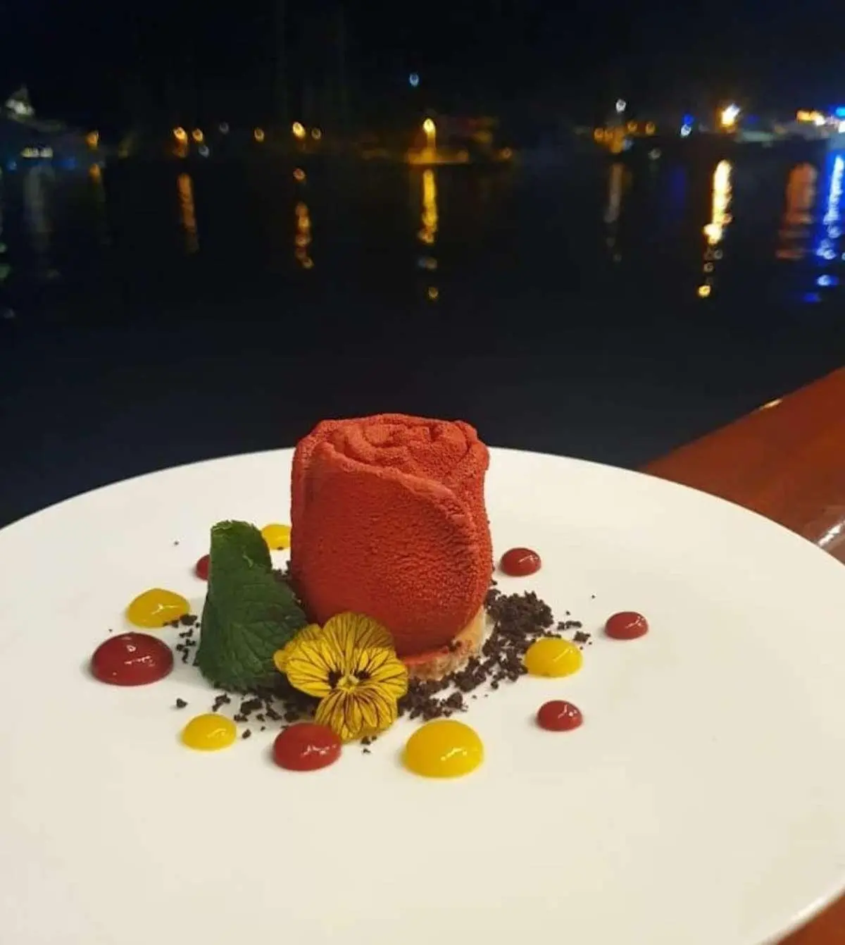 Corsario yacht menu dish with fruit and a chocolate centerpiece on a white plate