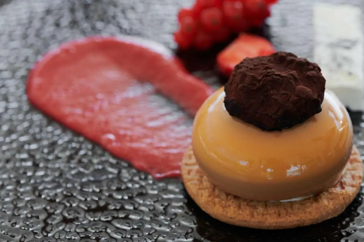 Close-up view of a plated dessert with berries on a dark textured surface