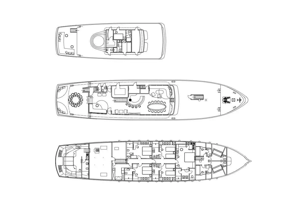 Top view shows Corsario yacht deck plan with three layouts side by side
