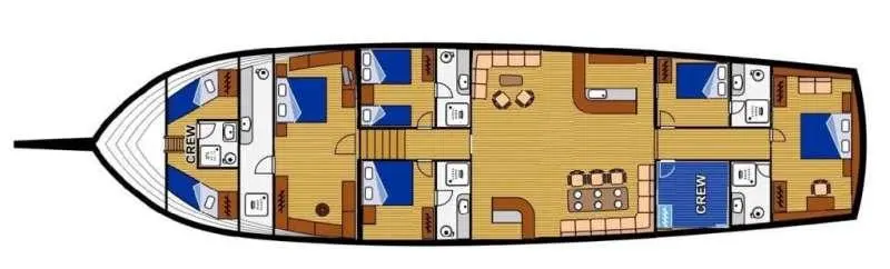 Dolce Vita yacht deck plan showing cabin areas and seating on deck