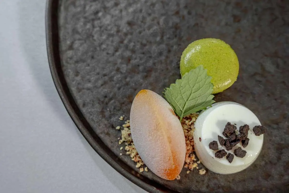Close-up view of a plate with seafood slices, lime and mint garnish on dark plate