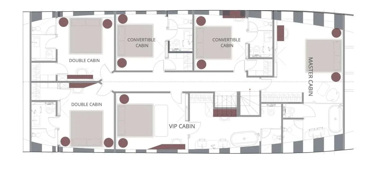 Anetta yacht deck plan with labeled cabins and layout visible on a blueprint