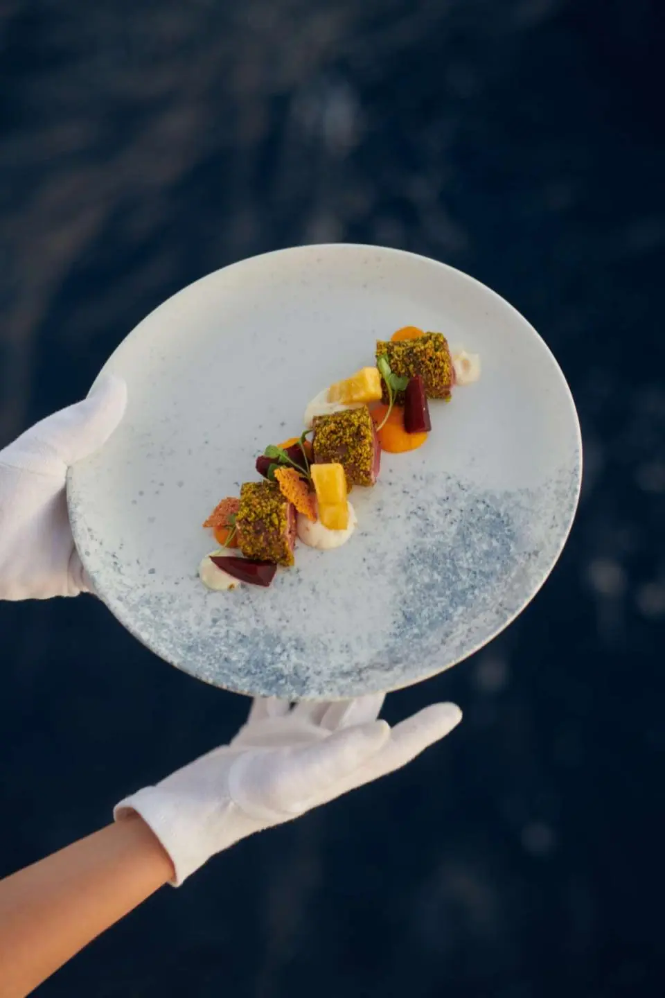 Person holding a round plate with skewered skewers over blue water