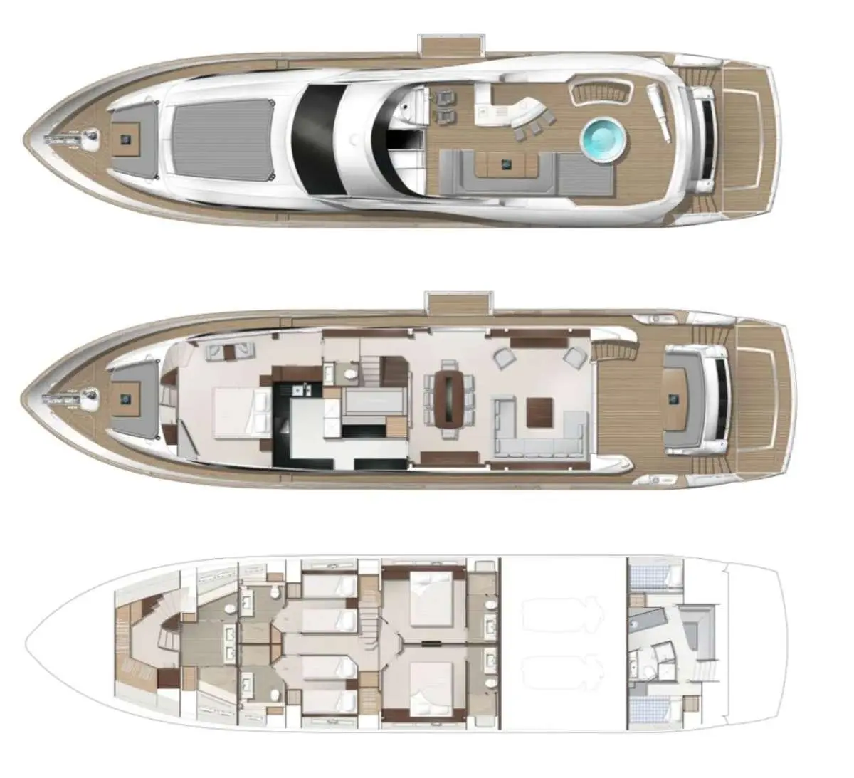 Top-down view of Quantum yacht deck plans showing multiple levels and layout