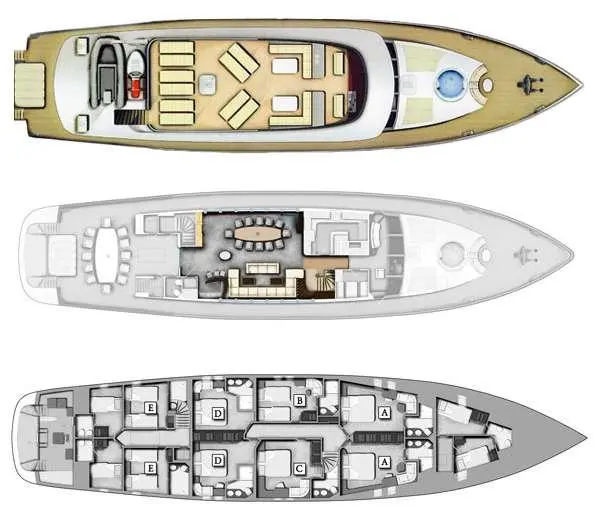 Navilux yacht deck plan: top view with cabins, decks, and layout sections