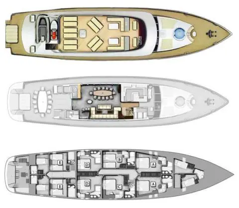 Navilux yacht deck plan: top view with cabins, decks, and layout sections