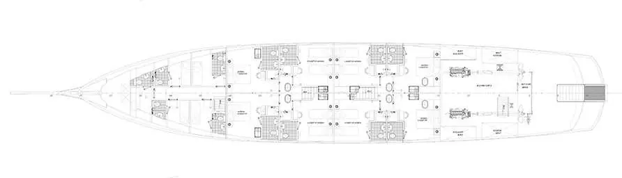 Bellezza yacht deck plan: front seating area, central helm, aft lounge, railings