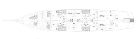 Bellezza yacht deck plan: front seating area, central helm, aft lounge, railings