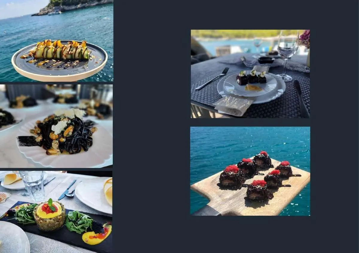 Small collage of luxury yachts docked and on water with blue skies